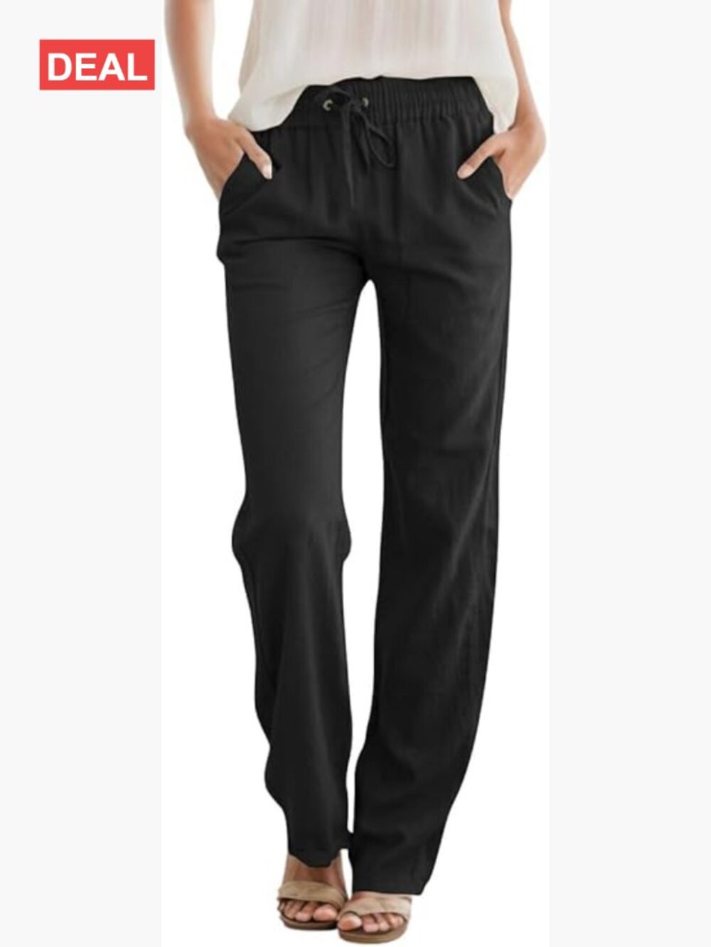 Linen High Waist Drawstring Loose Fit Trousers with Pockets